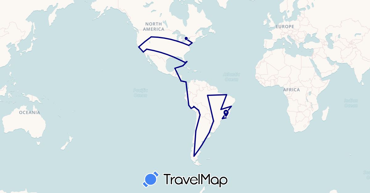 TravelMap itinerary: driving in Argentina, Bolivia, Brazil, Bahamas, Canada, Chile, Costa Rica, Cuba, Mexico, Panama, Peru, United States (North America, South America)